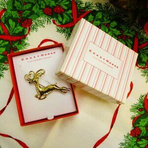 LIZ CLAIBORNE Holiday Reindeer Boxed Brooch ~ Crazy Horse Christmas Reindeer